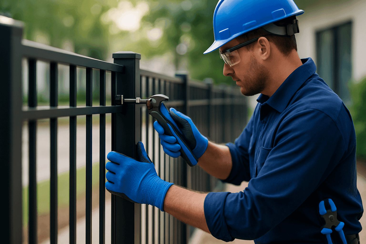 Professional worker installing sleek metal fencing at a clean residential or commercial site