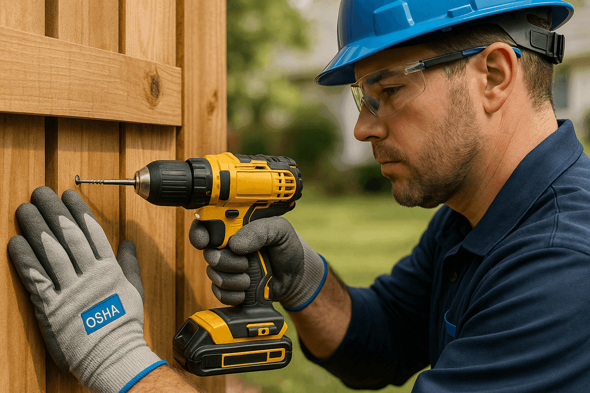 Close-up of gloved hands securing wooden fence panel with cordless drill outdoors