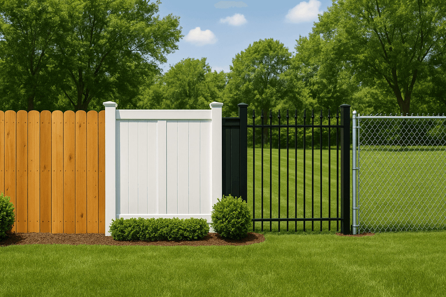 Wide view of different fence styles and materials installed along a property line