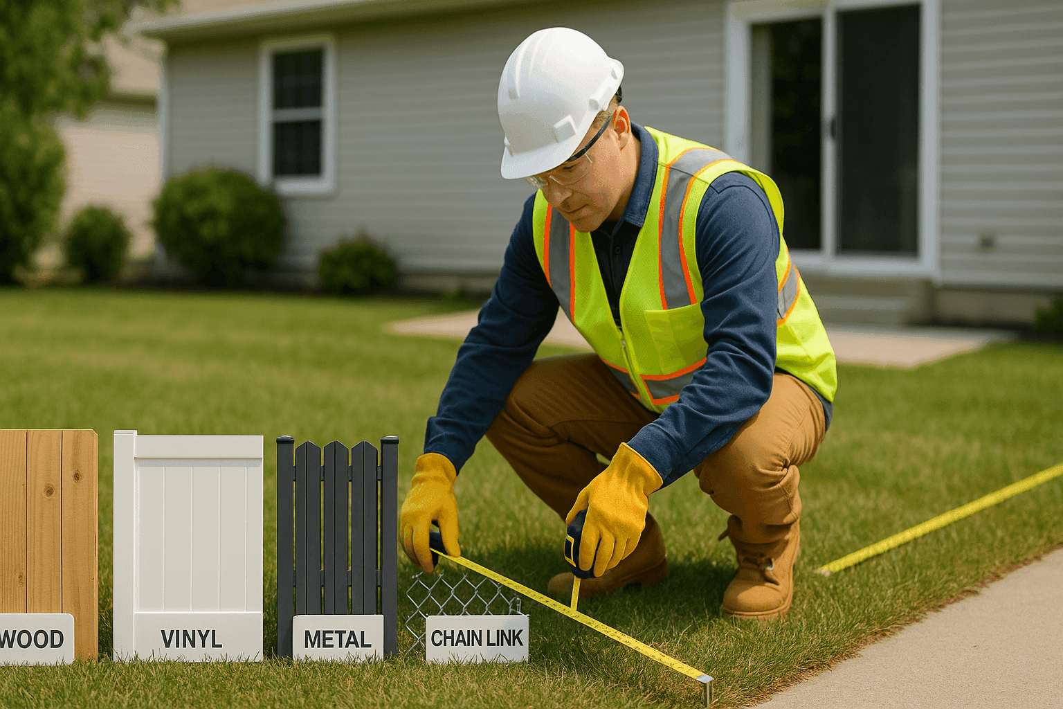 Contractor measuring a property line for new fence installation with tools and material samples