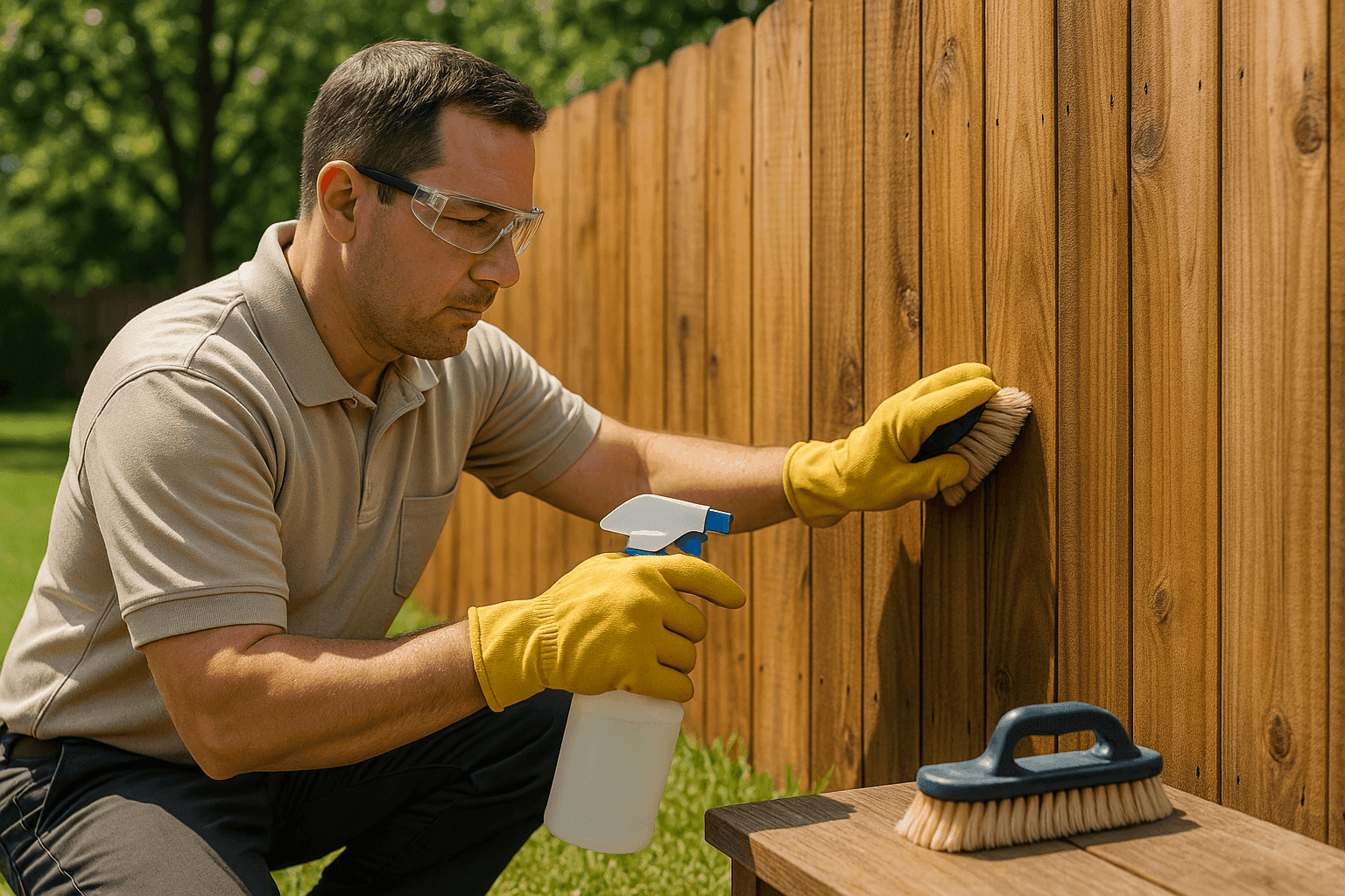 Technician inspecting and cleaning a backyard wooden fence in natural daylight