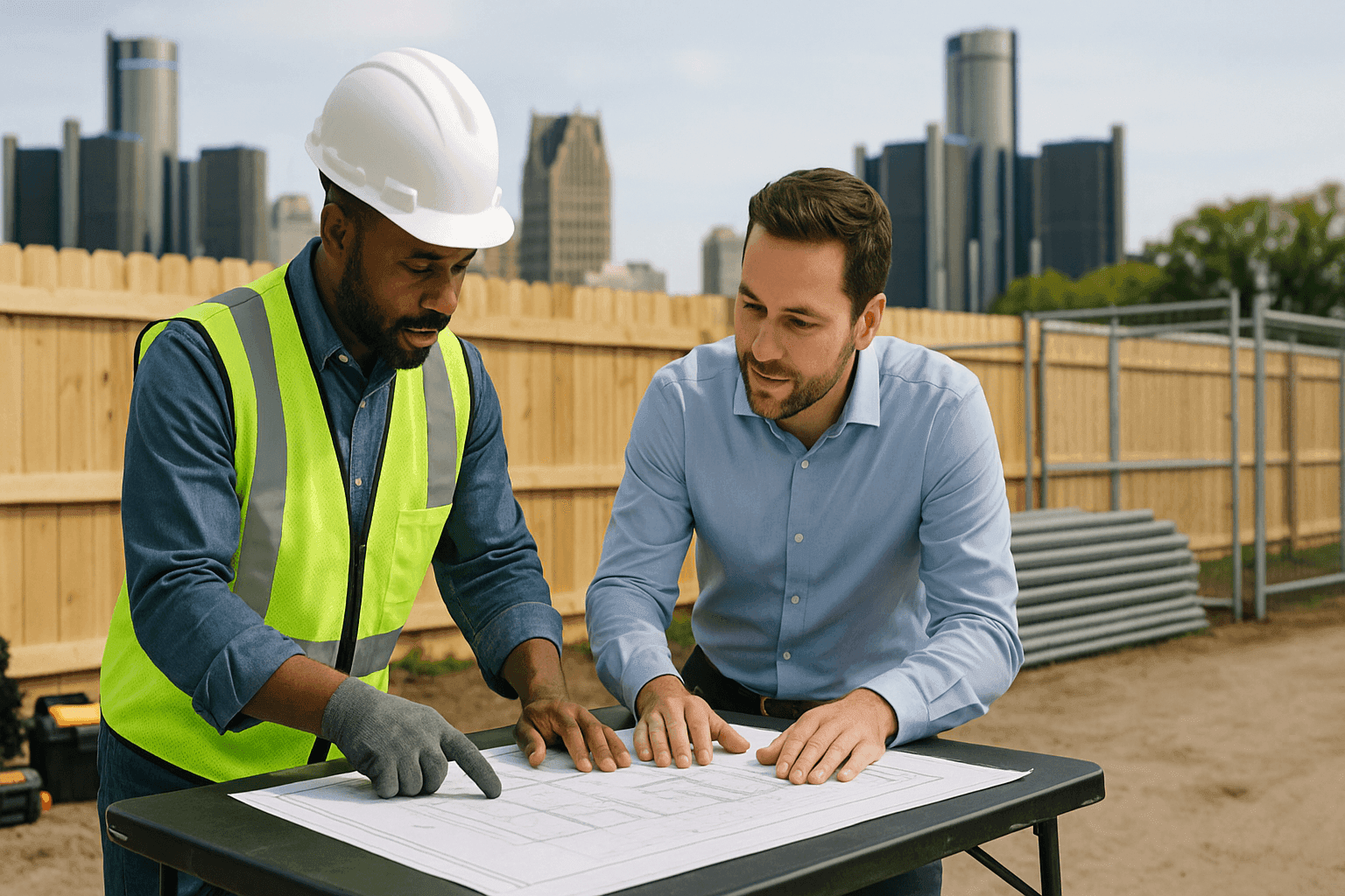 Two professionals discussing fencing plans over blueprints at a job site