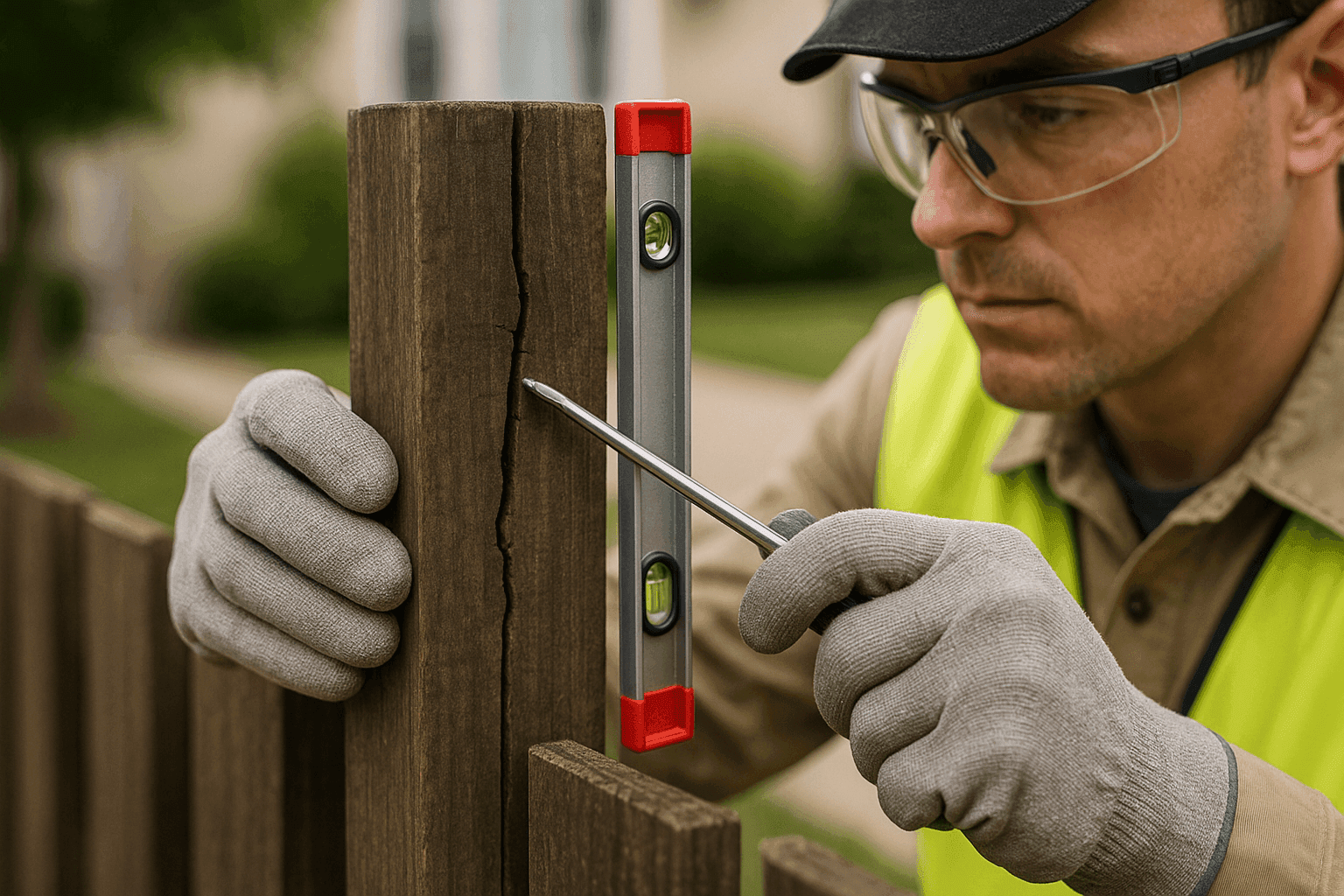 Close-up of a technician examining a damaged wooden fence post for repair or replacement